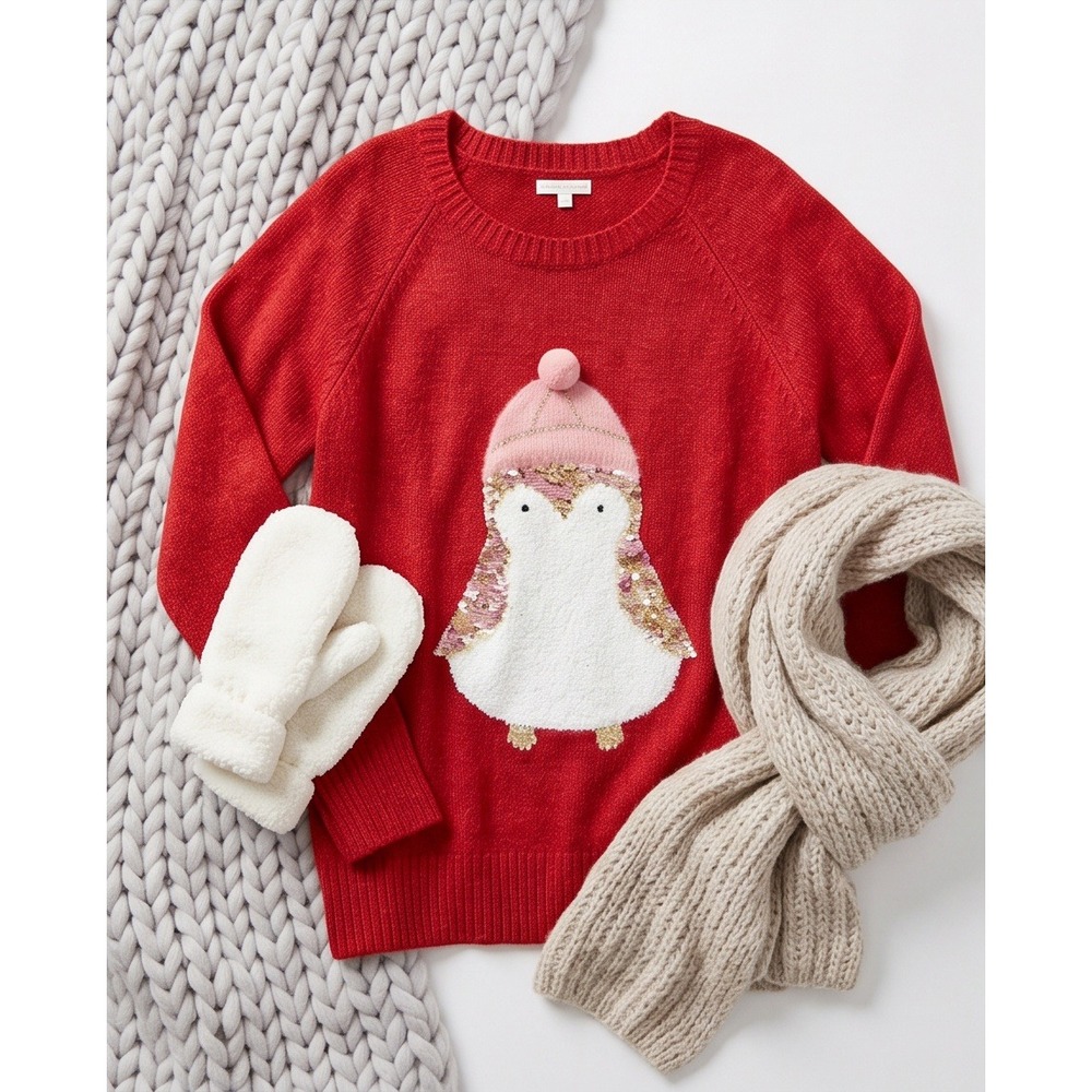 LC Lauren Conrad XXL Penguin Sequin Christmas Sweater Red Metallic - Picture 13 of 14